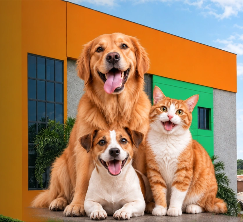 Golden retriever, cachorro pequeno e gato laranja juntos em frente à Agrovalle